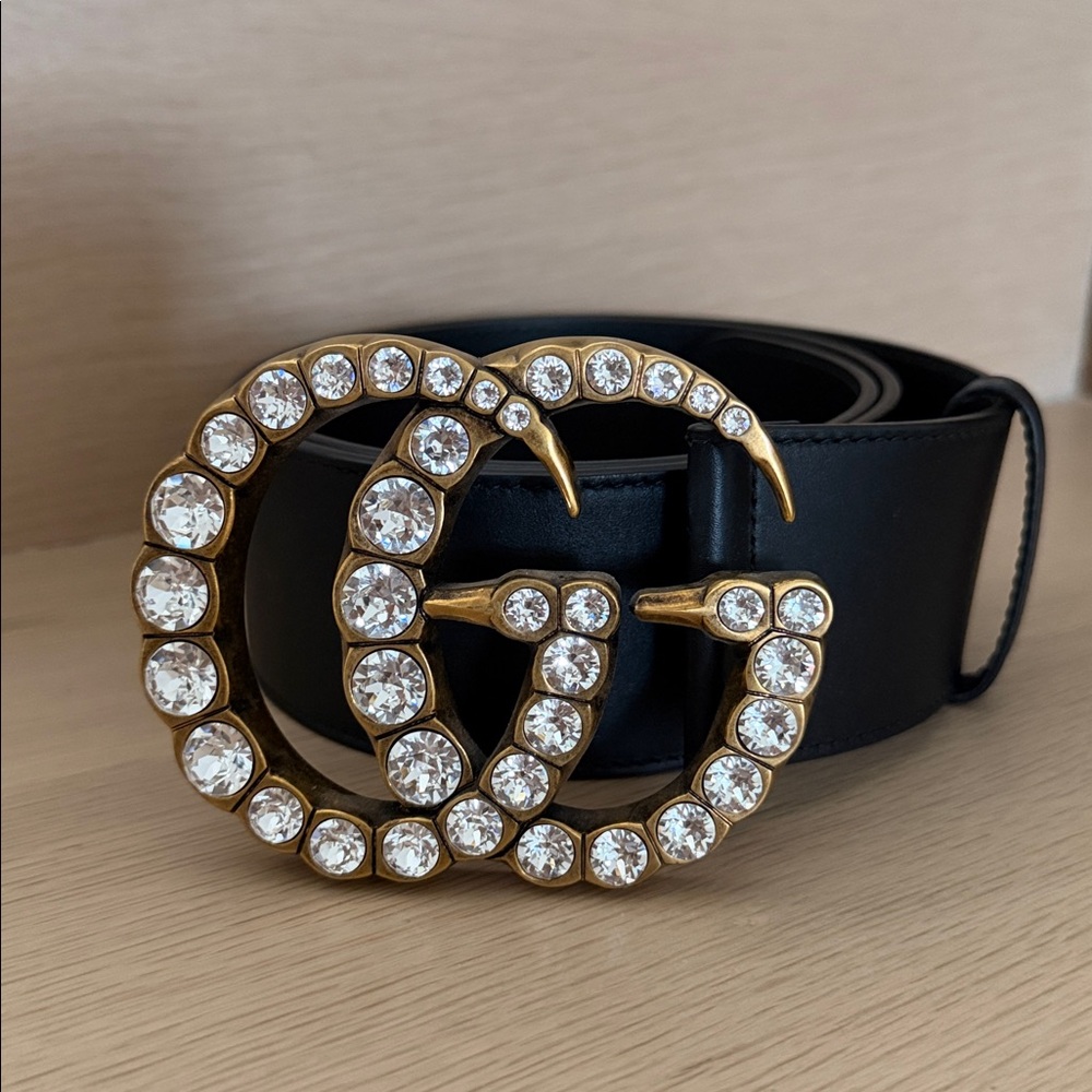 GUCCI Wide Black Belt with Gold Crystal GG Buckle